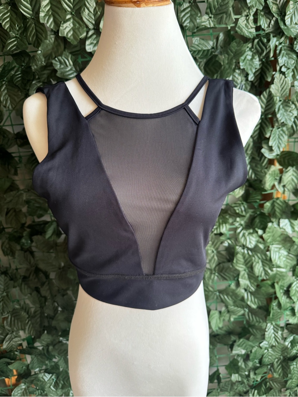 Black Sheer-Panel Crop Top with Strappy Neckline size  M